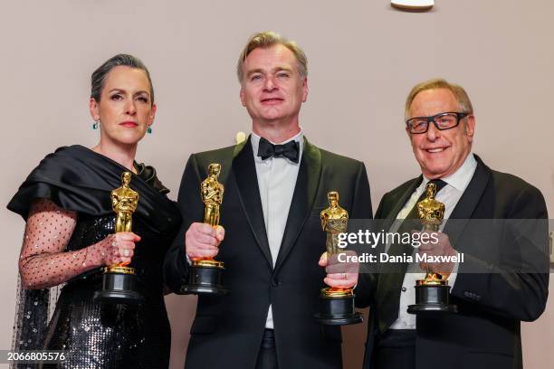 Hollywood, CA Christopher Nolan, producer Emma Thomas and producer Charles Roven with the Oscar for Best Picture for "Oppenheimer" in the deadline...