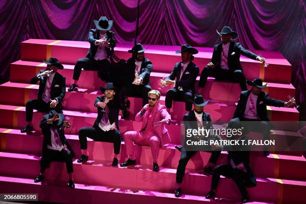 Canadian actor Ryan Gosling performs "I'm Just Ken" from "Barbie" onstage during the 96th Annual Academy Awards at the Dolby Theatre in Hollywood,...