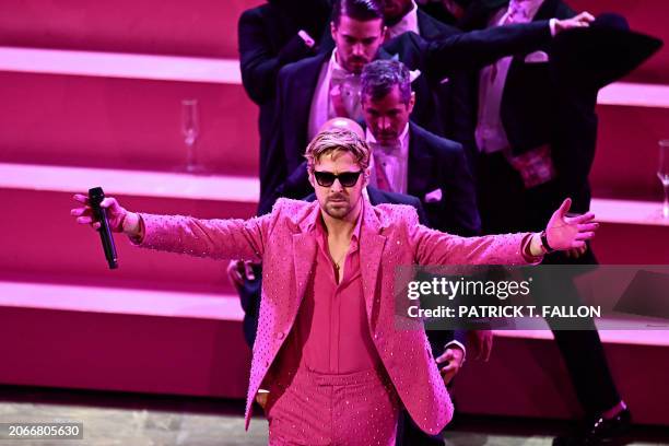 Canadian actor Ryan Gosling performs "I'm Just Ken" from "Barbie" onstage during the 96th Annual Academy Awards at the Dolby Theatre in Hollywood,...