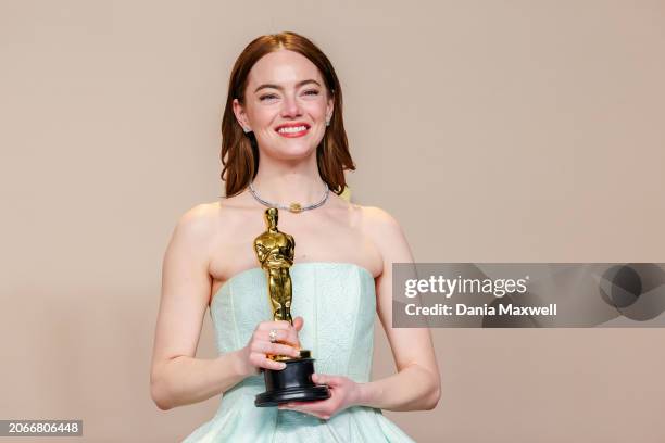 Hollywood, CA Emma Stone wins Best Actress for "Poor Things" in the deadline room at the 96th Annual Academy Awards at the Dolby Theatre at Hollywood...