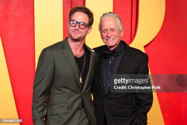 Cameron Douglas and Michael Douglas at the 2024 Vanity Fair Oscar Party held at the Wallis Annenberg Center for the Performing Arts on March 10, 2024...