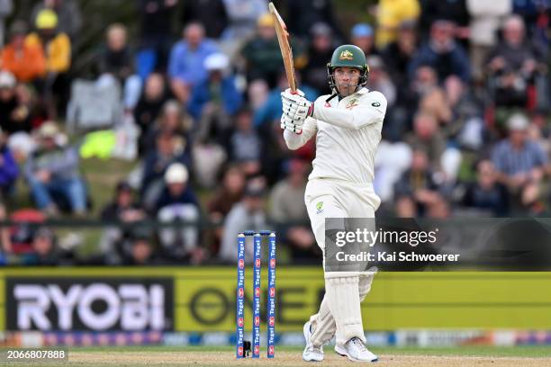 Alex Carey of Australia bats during day four of the Second Test in the series between New Zealand and Australia at Hagley Oval on March 11, 2024 in...