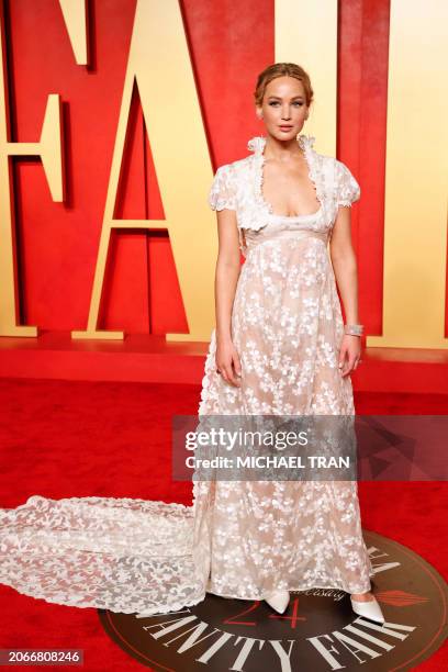 Actress Jennifer Lawrence attends the Vanity Fair Oscars Party at the Wallis Annenberg Center for the Performing Arts in Beverly Hills, California,...