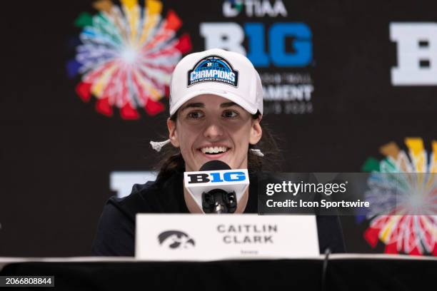 Iowa Hawkeyes guard Caitlin Clark talks in a press conference after the Big Ten Women's Basketball Tournament championship game between the Iowa...