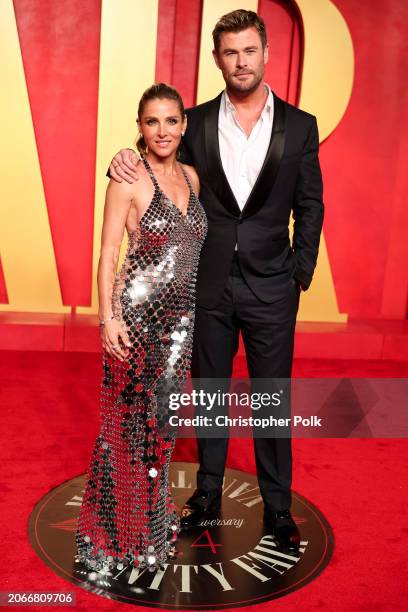 Elsa Pataky and Chris Hemsworth at the 2024 Vanity Fair Oscar Party held at the Wallis Annenberg Center for the Performing Arts on March 10, 2024 in...