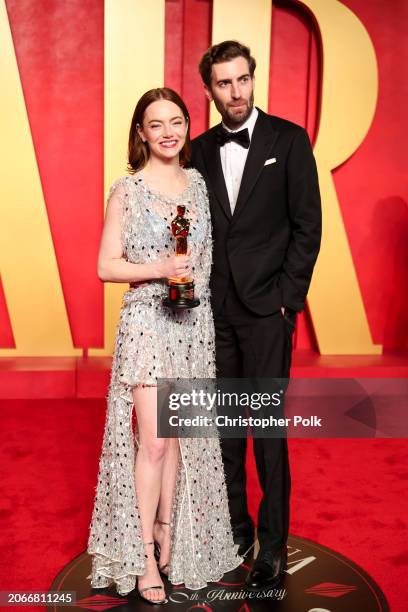 Emma Stone and Dave McCary at the 2024 Vanity Fair Oscar Party held at the Wallis Annenberg Center for the Performing Arts on March 10, 2024 in...