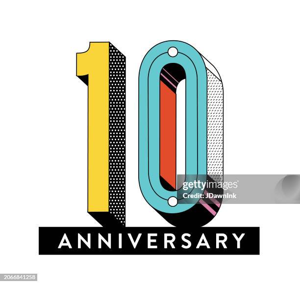 ilustraciones, imágenes clip art, dibujos animados e iconos de stock de diseño de tipografía geométrica 3d y2k de etiqueta de 10 años en patrones y colores brillantes sobre fondo blanco - 10° aniversario