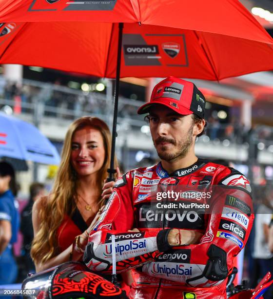 Italian MotoGP rider Francesco Bagnaia of the Ducati Lenovo Team is preparing to start on the grid during the MotoGP race of the Motorcycling Grand...