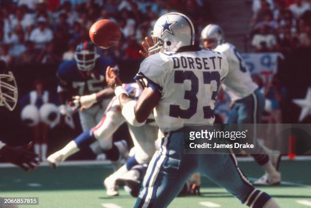 Dallas Cowboys running back Tony Dorsett tries to catch the ball during a regular season game against the New York Giants on September 27, 1981 at...