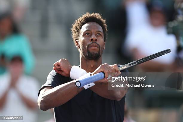 Gael Monfils of France celebrates after defeating Max Purcell of Australia during the BNP Paribas Open at Indian Wells Tennis Garden on March 07,...