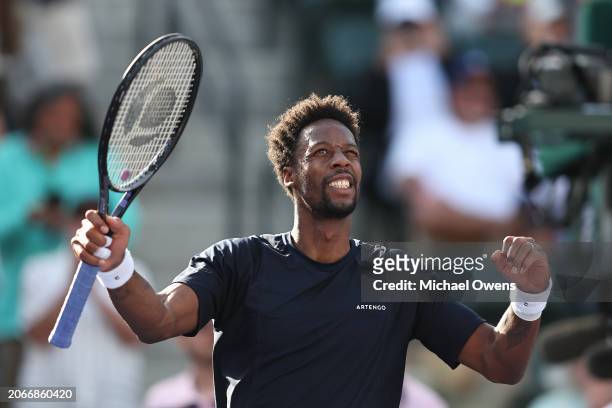 Gael Monfils of France celebrates after defeating Max Purcell of Australia during the BNP Paribas Open at Indian Wells Tennis Garden on March 07,...