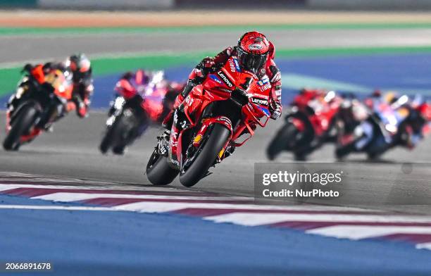 Italian MotoGP rider Francesco Bagnaia of the Ducati Lenovo Team is in action during the MotoGP race of the Motorcycling Grand Prix of Qatar at the...