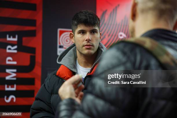 Ale Della Giusta attends the UEFA Europa League 2023/24 round of 16 first leg match between AC Milan and Slavia Praha at Stadio Giuseppe Meazza on...