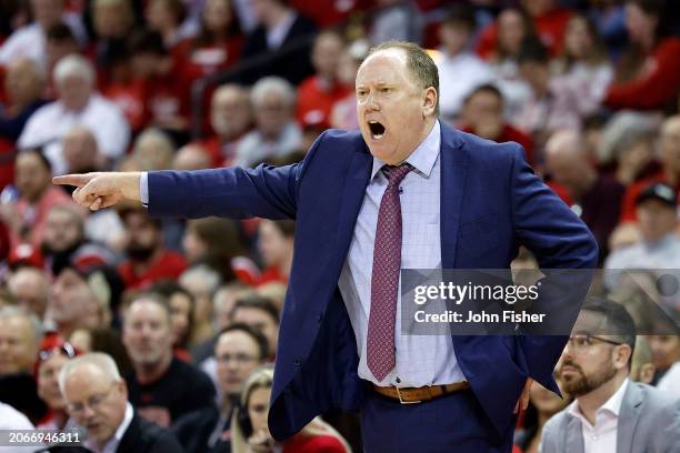 Greg Gard head coach of the Wisconsin Badgers reacts to a call in the first half of the game against the Rutgers Scarlet Knights at Kohl Center on...