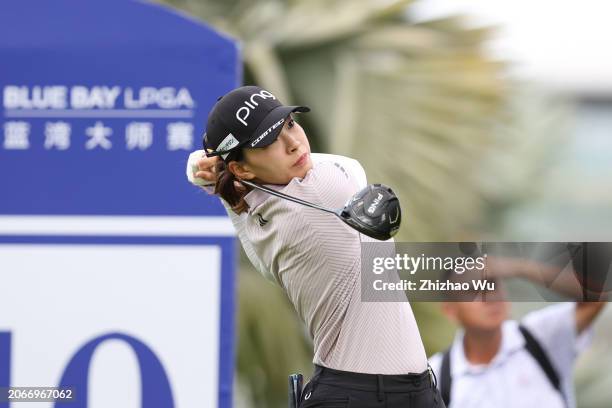 Hinako Shibuno of Japan hits a tee shot on 10th hole during the second round of the Blue Bay LPGA at Jian Lake Blue Bay Golf Course on March 08, 2024...