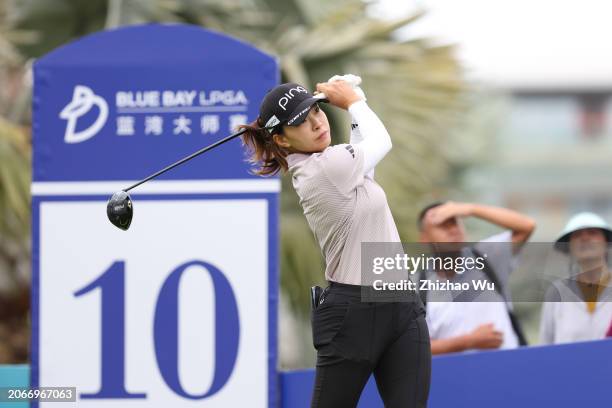 Hinako Shibuno of Japan hits a tee shot on 10th hole during the second round of the Blue Bay LPGA at Jian Lake Blue Bay Golf Course on March 08, 2024...