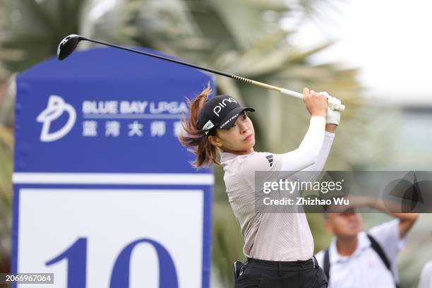 Hinako Shibuno of Japan hits a tee shot on 10th hole during the second round of the Blue Bay LPGA at Jian Lake Blue Bay Golf Course on March 08, 2024...