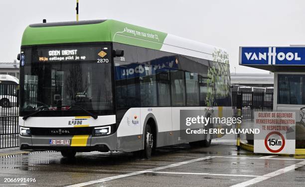 De Lijn bus pictured outside an extraordinary works council at the Van Hool bus assembly plant, in Lier, Monday 11 March 2024. The dismissal of part...