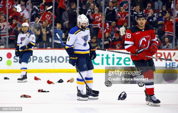 Timo Meier of the New Jersey Devils celebrates his hattrick goal during the second period against the St. Louis Blues at Prudential Center on March...