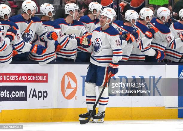 Zach Hyman of the Edmonton Oilers celebrates a goal in the second period against the Columbus Blue Jackets at Nationwide Arena on March 07, 2024 in...