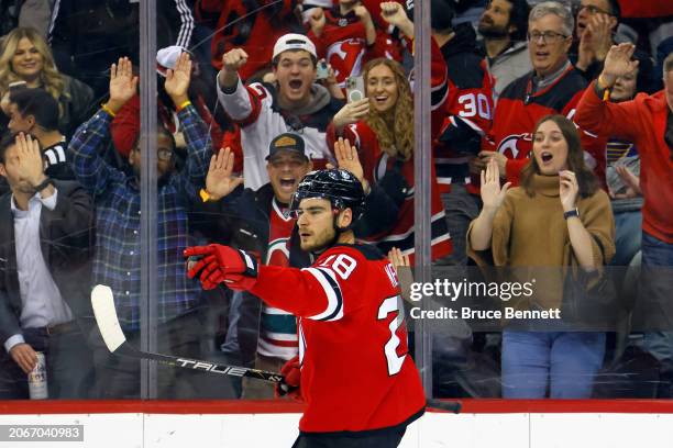 Timo Meier of the New Jersey Devils celebrates his hattrick goal at 16:40 of the second period against the St. Louis Blues at Prudential Center on...