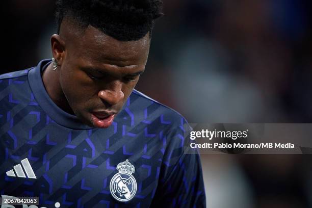 Vinicius Junior of Real Madrid prior the UEFA Champions League 2023/24 round of 16 second leg match between Real Madrid CF and RB Leipzig at Estadio...