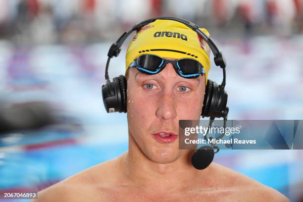 Chase Kalisz is interviewed after winning the Men's 400 Meter IM Final on Day 2 of the TYR Pro Swim Series Westmont at FMC Natatorium on March 07,...