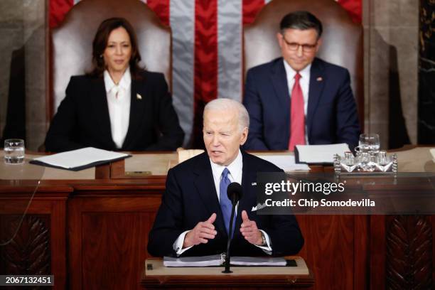 President Joe Biden delivers the State of the Union address during a joint meeting of Congress in the House chamber at the U.S. Capitol on March 07,...