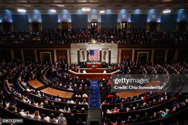 President Joe Biden delivers the State of the Union address during a joint meeting of Congress in the House chamber at the U.S. Capitol on March 07,...