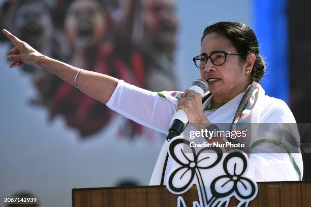 Trinamool Congress party leader and Chief Minister of West Bengal, Mamata Banerjee, is addressing an election rally ahead of parliamentary elections...