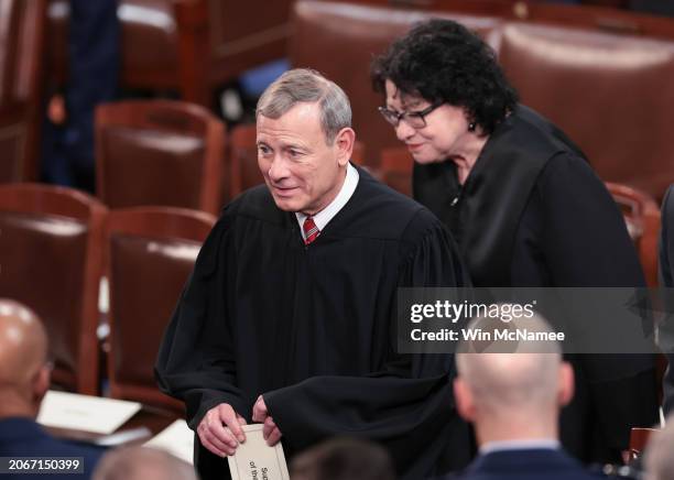 Supreme Court Chief Justice John Roberts and Associate Justices Sonia Sotomayor arrive for U.S. President Joe Biden's State of the Union address...