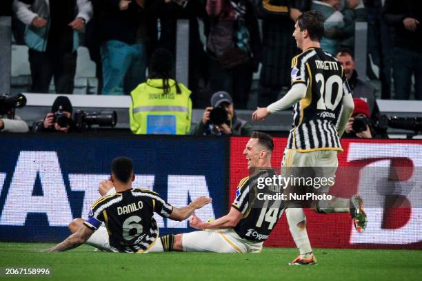 Juventus forward Arkadiusz Milik is celebrating with his teammates after scoring his goal to make it 2-1 during the Serie A football match n.28...