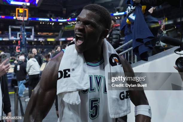 Anthony Edwards of the Minnesota Timberwolves celebrates after beating the Indiana Pacers 113-111 at Gainbridge Fieldhouse on March 07, 2024 in...