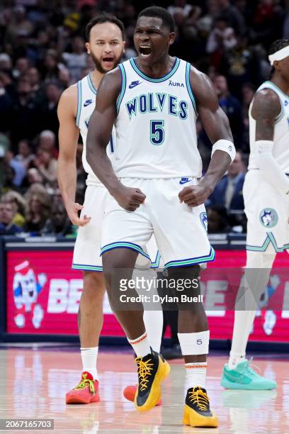 Anthony Edwards of the Minnesota Timberwolves celebrates in the fourth quarter against the Indiana Pacers at Gainbridge Fieldhouse on March 07, 2024...