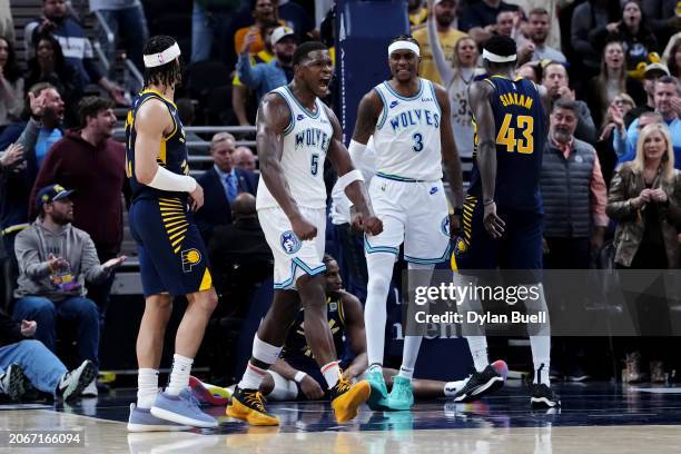 Anthony Edwards of the Minnesota Timberwolves celebrates after beating the Indiana Pacers 113-111 at Gainbridge Fieldhouse on March 07, 2024 in...