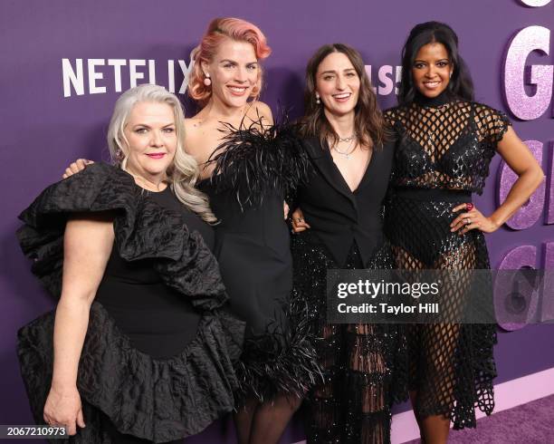 Paula Pell, Busy Philipps, Sara Bareilles, and Renee Elise Goldsberry attend the Netflix "Girls5eva" season premiere at Paris Theater on March 07,...