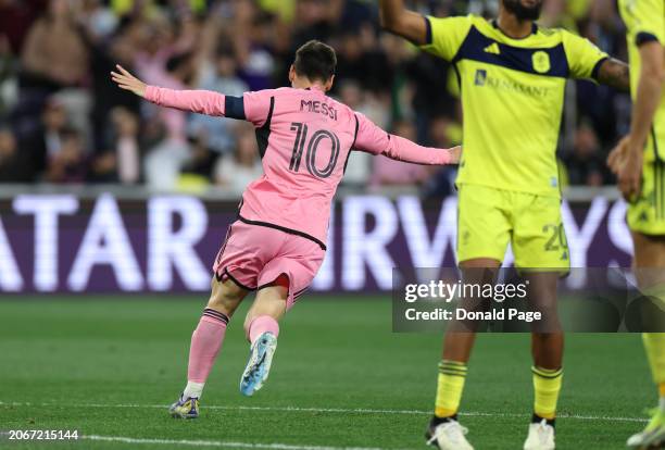 Lionel Messi of Inter Miami CF celebrates after a goal against Nashville SC during the second half during the Concacaf Champions Cup Leg One Round of...