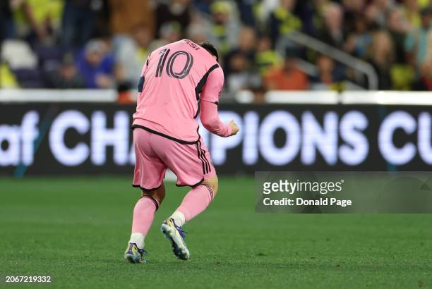 Lionel Messi of Inter Miami CF celebrates after a goal against Nashville SC during the second half during the Concacaf Champions Cup Leg One Round of...