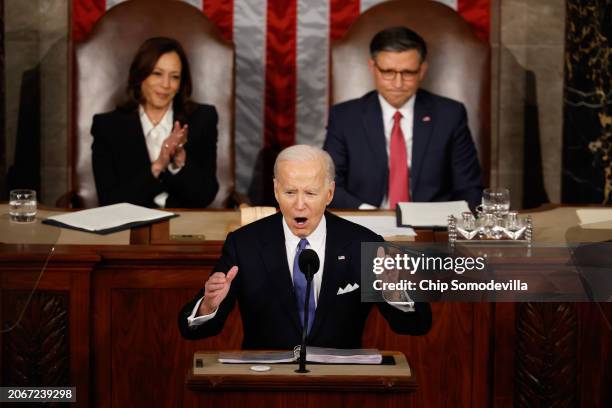 President Joe Biden delivers the State of the Union address during a joint meeting of Congress in the House chamber at the U.S. Capitol on March 07,...