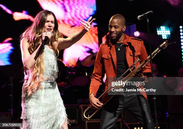 Joss Stone and Trombone Shorty perform onstage during the Eighth Annual LOVE ROCKS NYC Benefit Concert For God's Love We Deliver at Beacon Theatre on...