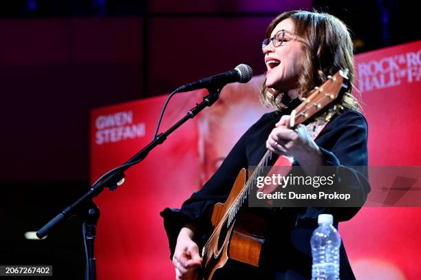 Lisa Loeb performs during the "Revolutionary Women in Music: Left of Center" exhibit dedication at the Rock & Roll Hall of Fame and Museum on March...