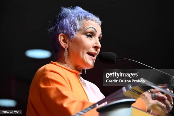 Rock & Roll Hall of Fame Inductee Jane Wiedlin of the Go-Go’s speaks during the "Revolutionary Women in Music: Left of Center" exhibit dedication at...