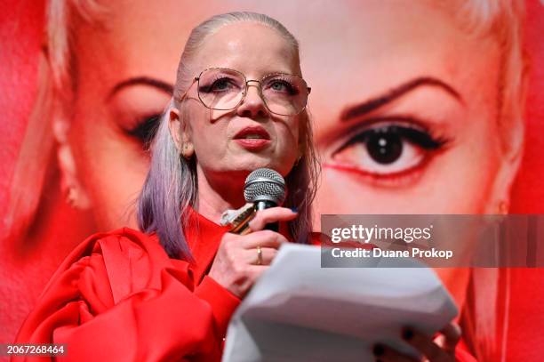 Shirley Manson of Garbage speaks during the "Revolutionary Women in Music: Left of Center" exhibit dedication at the Rock & Roll Hall of Fame and...