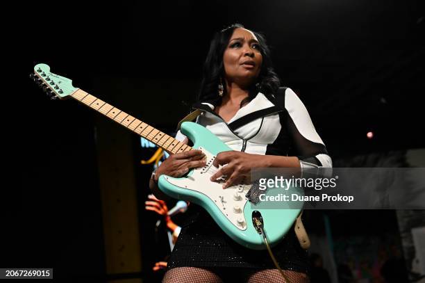 Malina Moye performs during the "Revolutionary Women in Music: Left of Center" exhibit dedication at the Rock & Roll Hall of Fame and Museum on March...