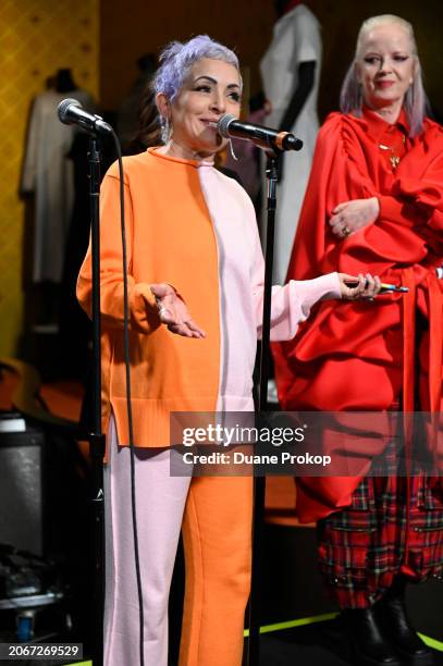 Rock & Roll Hall of Fame Inductee Jane Wiedlin of the Go-Go’s speaks during the "Revolutionary Women in Music: Left of Center" exhibit dedication at...