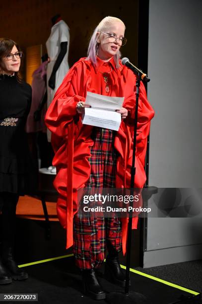 Shirley Manson of Garbage speaks during the "Revolutionary Women in Music: Left of Center" exhibit dedication at the Rock & Roll Hall of Fame and...