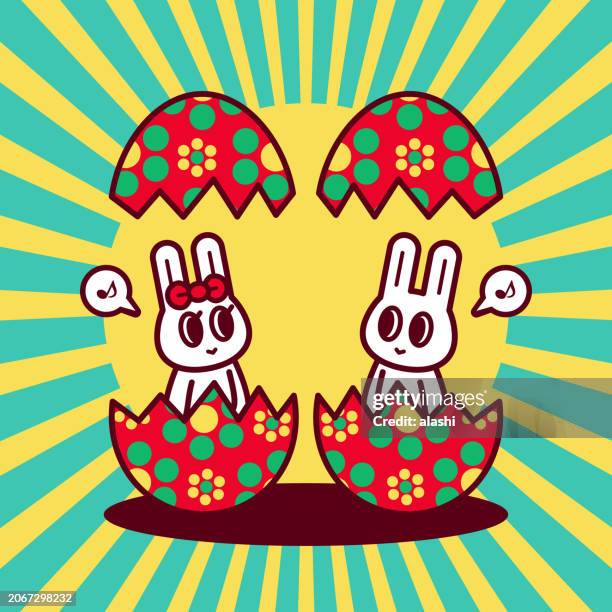 two cute bunnies popped out of a cracked easter egg, face to face, falling in love - cracked egg stock illustrations