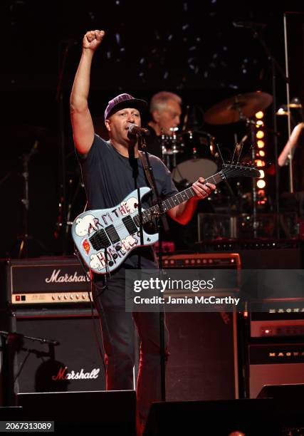 Tom Morello performs onstage during the Eighth Annual LOVE ROCKS NYC Benefit Concert For God's Love We Deliver at Beacon Theatre on March 07, 2024 in...