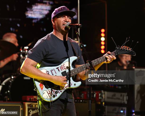 Tom Morello performs onstage during the Eighth Annual LOVE ROCKS NYC Benefit Concert For God's Love We Deliver at Beacon Theatre on March 07, 2024 in...