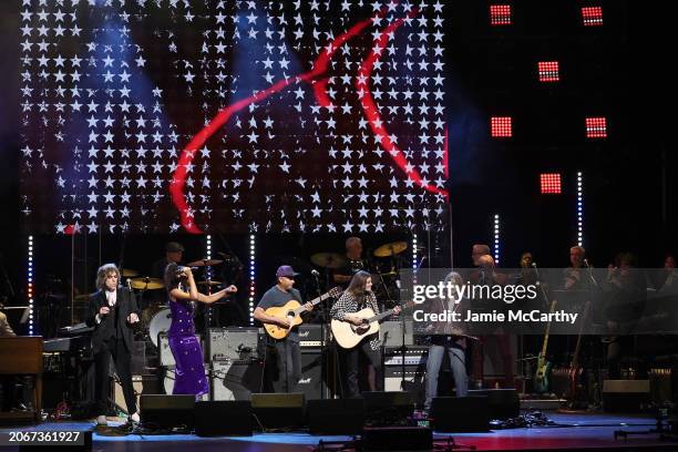 Luke Spiller, Allison Russell, Tom Morello, and Rebecca Lovell and Megan Lovell of Larkin Poe perform onstage during the Eighth Annual LOVE ROCKS NYC...
